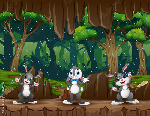 Cute three of rabbits in the cave entrance illustration