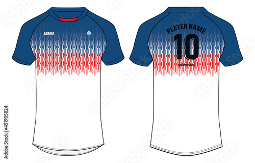 Sports jersey t shirt design concept vector template, Halftone stripe pattern Raglan Round neck tees football jersey concept with front and back view for Cricket, soccer, Volleyball, Rugby uniform