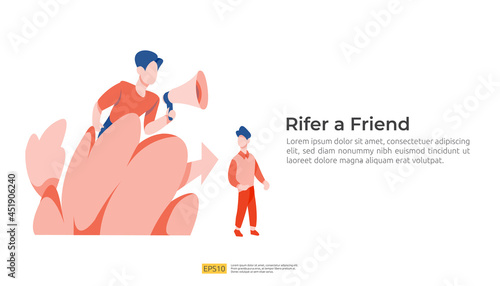 refer a friend illustration concept. affiliate marketing strategy. people character shout megaphone sharing referral business partnership earn money for web landing page, banner, poster, print media