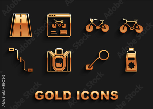 Set Hiking backpack, Bicycle, Sunscreen cream tube, rear view mirror, pedals, lane and rental mobile app icon. Vector
