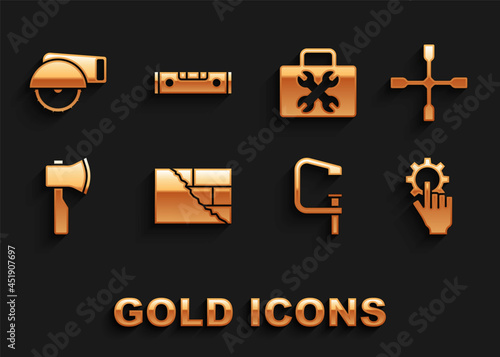 Set Bricks, Wheel wrench, Settings in the hand, Clamp screw tool, Wooden axe, Toolbox, Electric circular saw and Construction bubble level icon. Vector