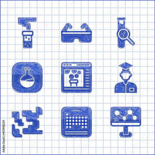 Set Chemical online, Periodic table, formula, Laboratory assistant, Gaseous, Test tube and flask, and icon. Vector
