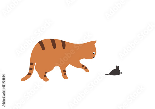 鼠に気づく猫のイラスト-トラ猫