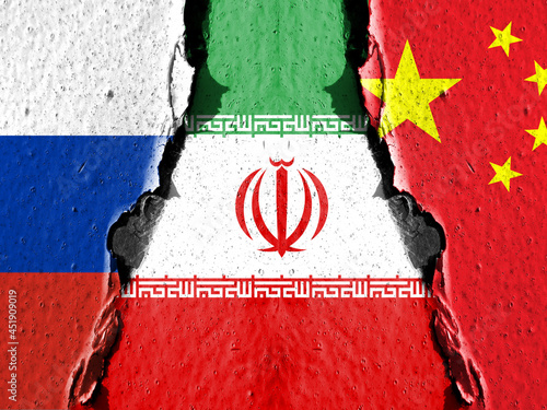 Chinese flag. Russian flag. Iran flag photo