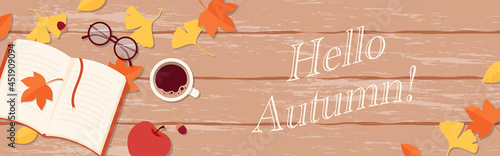 vector background with a book, autumn leaves and coffee for banners, cards, flyers, social media wallpapers, etc.