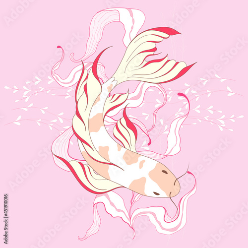 White graceful fish with orange spots and red fins with pink algae