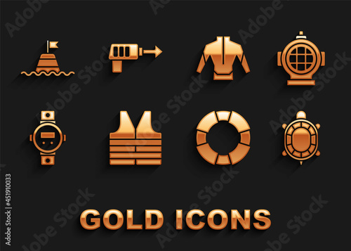 Set Life jacket, Aqualung, Turtle, Lifebuoy, Diving watch, Wetsuit, Floating on the sea and Fishing harpoon icon. Vector