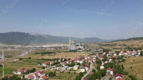 Aerial View, Gacko Thermal Power Plant, Coal Mine Open Pit and Small Town Houses in Green Landscape of Bosnia and Herzegovina photo