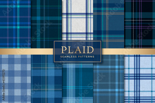Blue plaid seamless patterned background vector set photo