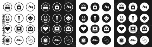 Set Wedding rings on hand, Microphone, Lock heart, Bedroom, Necklace mannequin, Shopping bag with, Envelope Valentine and Heart icon. Vector
