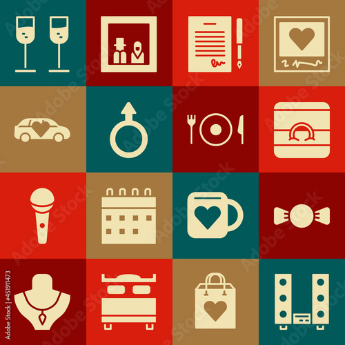 Set Home stereo with two speakers, Bow tie, Wedding rings, Marriage contract, Male gender symbol, Limousine car, Glass of champagne and Plate, fork and knife icon. Vector