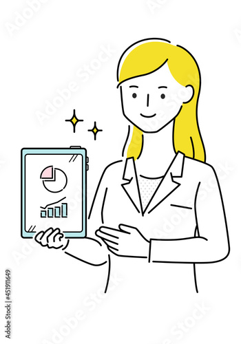 白衣の女性。女性がタブレットを使って説明しているイラスト。