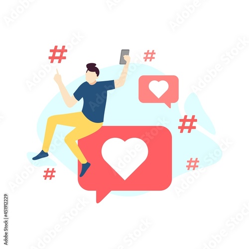 man give hashtag love social media people character flat design vector illustration