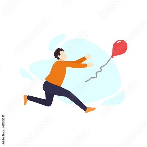 man is running try to catch balloon people character flat design vector illustration