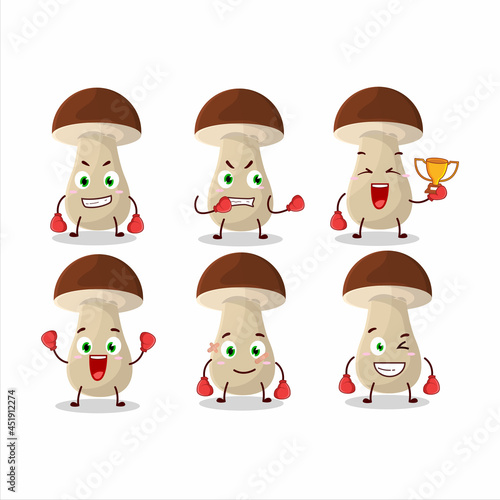 A sporty boletus edulis boxing athlete cartoon mascot design