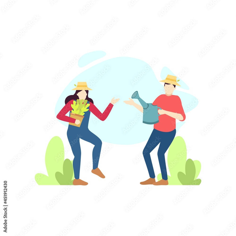 man and woman farmer are talking about plant care people character flat design vector illustration man and woman farmer are talking about plant care people character flat design vector illustration