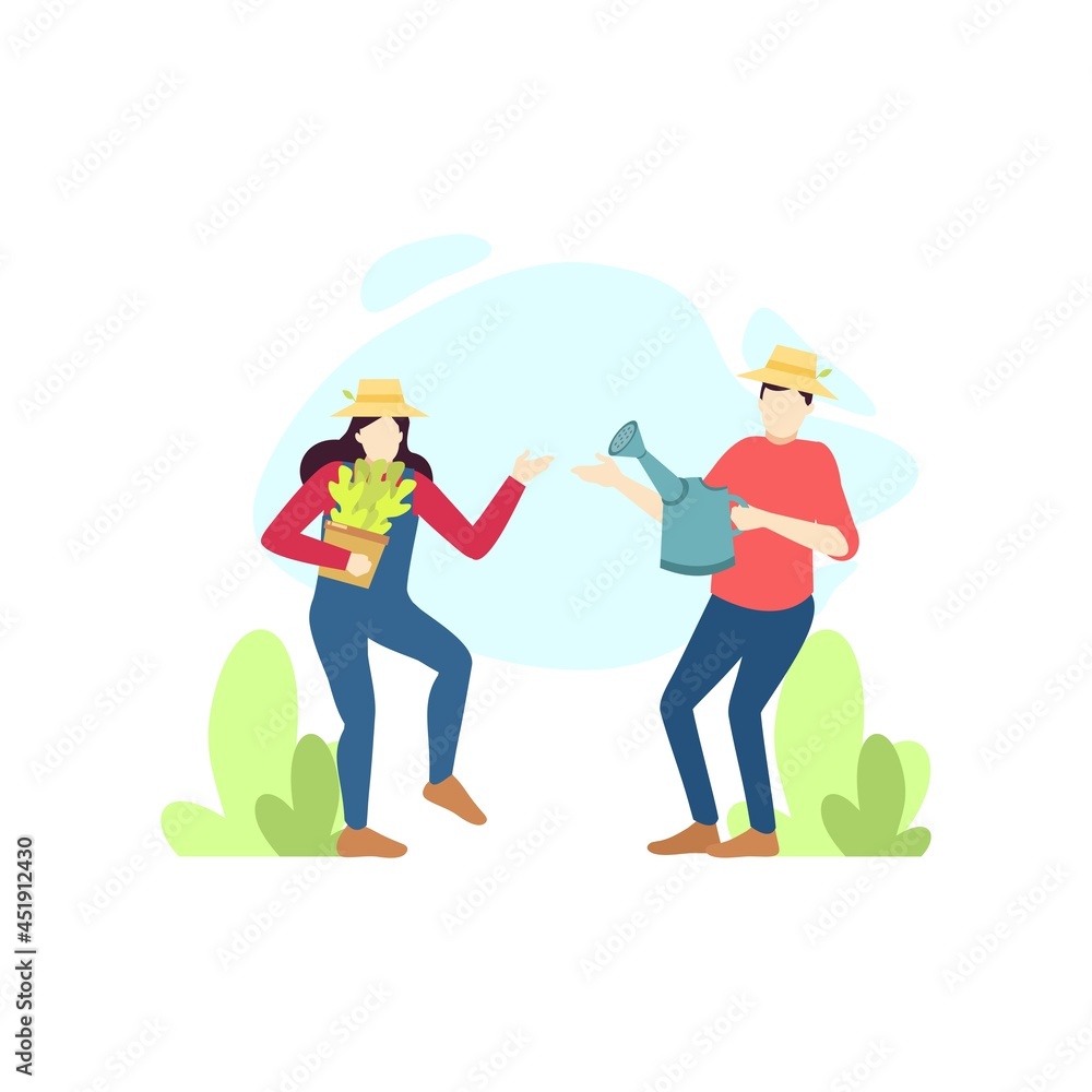 man and woman farmer are talking about plant care people character flat design vector illustration