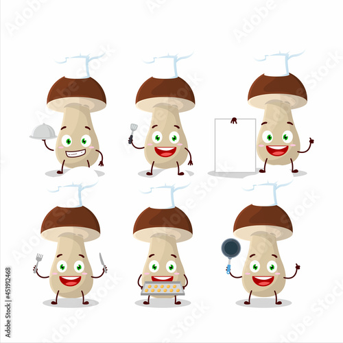 Cartoon character of boletus edulis with various chef emoticons