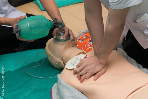 Принти на полотні CPR Training Chest Compression on Manikin, CPR Training in emergency refresher training to assist of physician