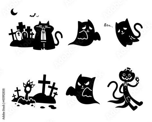 Set of cute silhouette cat ghosts cartoon character for decorating Halloween night party flat vector illustration isolated on white background. Happy Halloween, Spooky night.