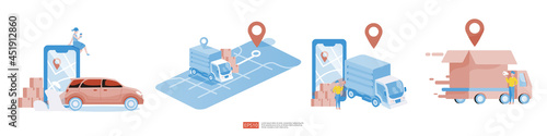 Online delivery service transportation illustration concept with warehouse parcel packages and map pin. order tracking, car, logistic cargo via Internet mobile phone or cellphone for landing page