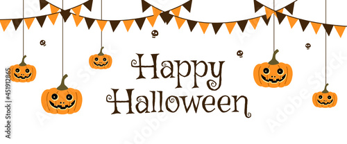 A vector design of Halloween party banner with pumpkins, skulls and party flags decorating on white background. Happy Halloween. Invitation night party with Halloween calligraphy.