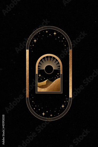Mystical golden frame on black background poster vector