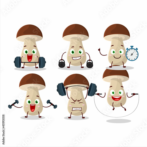 A healthy boletus edulis cartoon style trying some tools on Fitness center