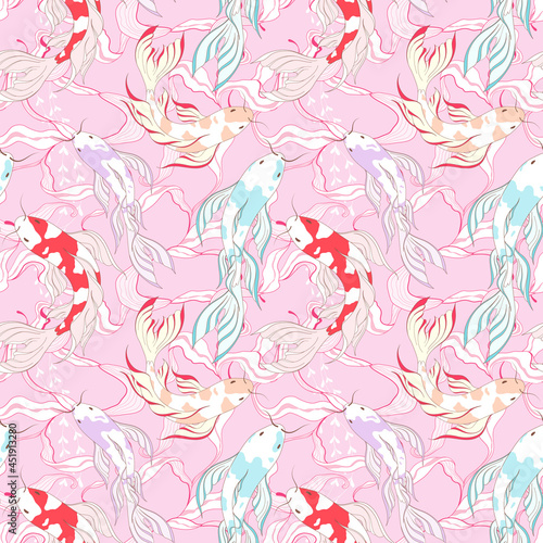 Seamless pattern with fishes in Japanese style in pastel colors