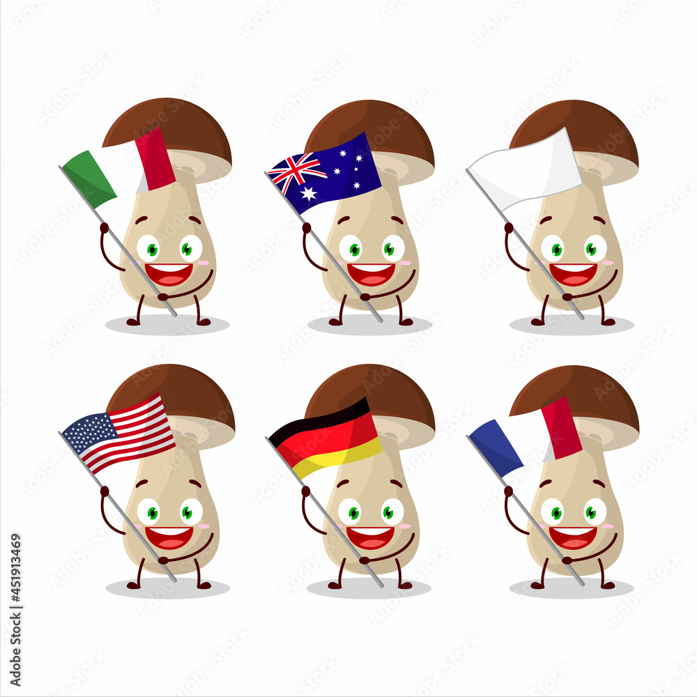 Boletus edulis cartoon character bring the flags of various countries Boletus edulis cartoon character bring the flags of various countries