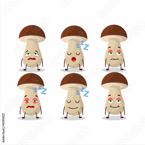 Cartoon character of boletus edulis with sleepy expression