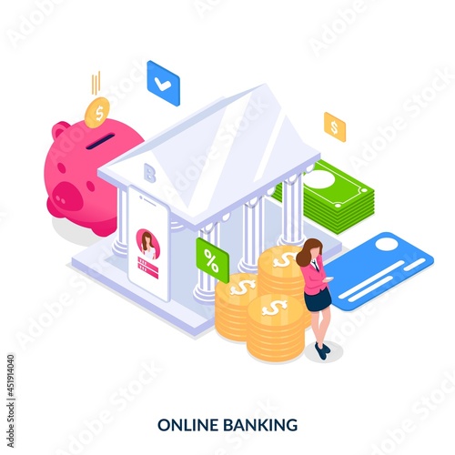 Online banking concept. The girl uses banking services via a smartphone. Finance accounts, operations and services. Isometric vector illustration on white background.