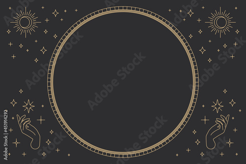 Two open hands vector round frame linear style on black background