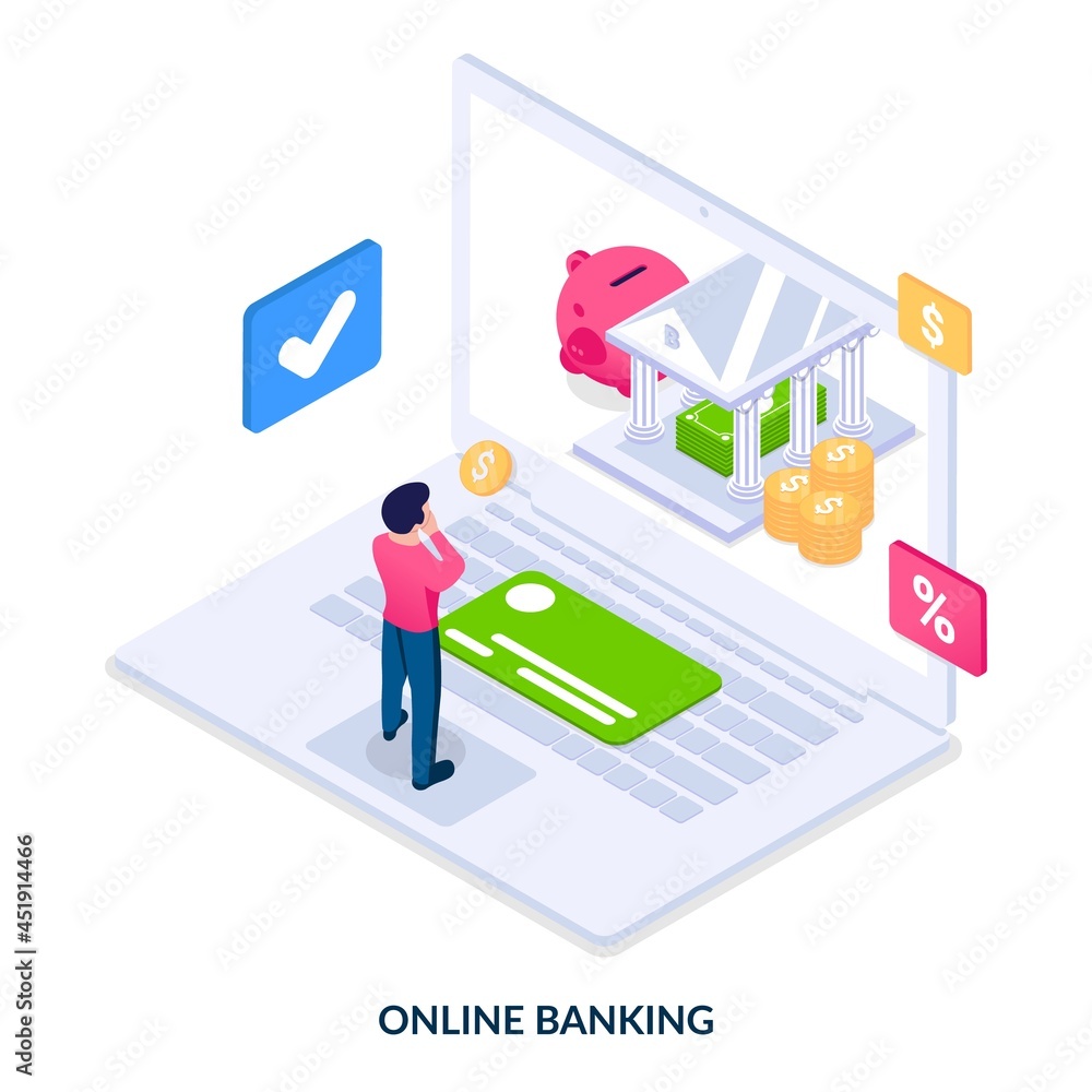 Online banking concept. The man uses banking services via laptop. Finance accounts, operations and services. Isometric vector illustration on white background. Online banking concept. The man uses banking services via laptop. Finance accounts, operations and services. Isometric vector illustration on white background.
