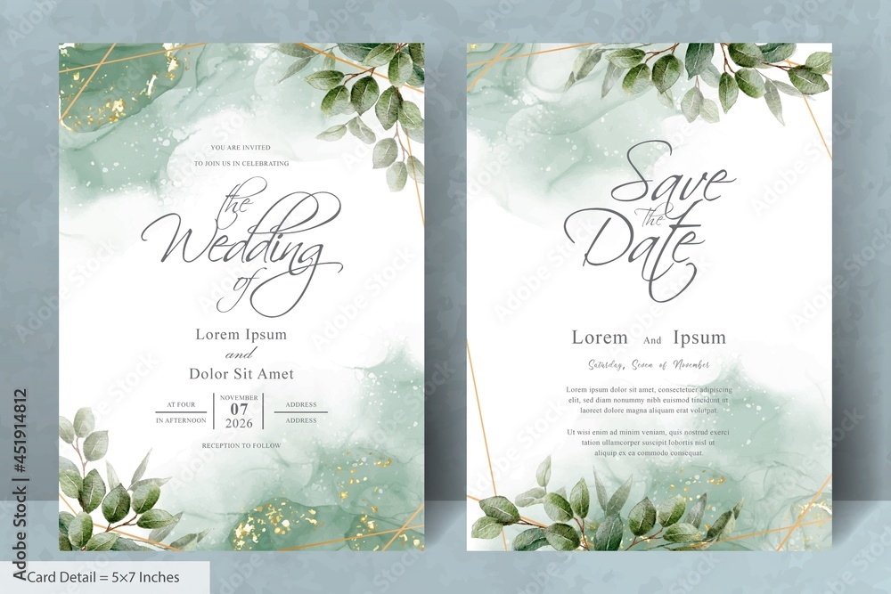 Set of Elegant Wedding invitation Template with Hand drawn floral and watercolor background