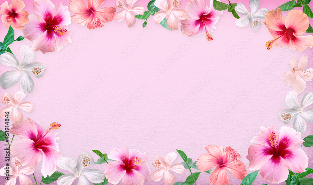 Beautiful tropical flowers, Hibiscus flowers and leave border or frame on pink paper background.with copy space
