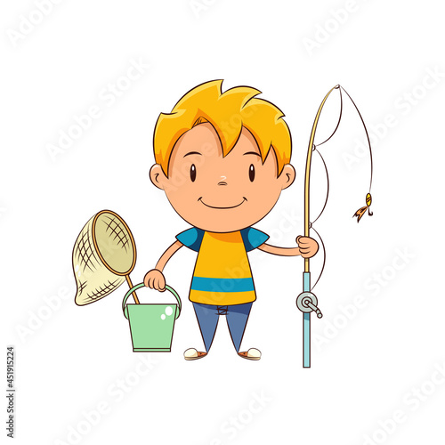 Kid holding fishing rod, happy cute child