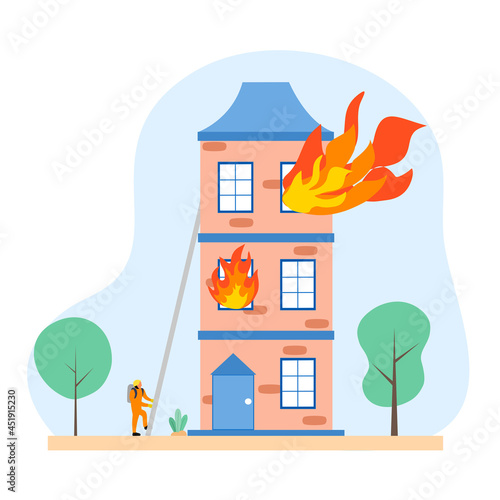 Firefighter in uniform climbing ladder to extinguish flame burning house in flat design. House fire concept.