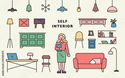 Furniture icons and professional consultant character for self-interior.
