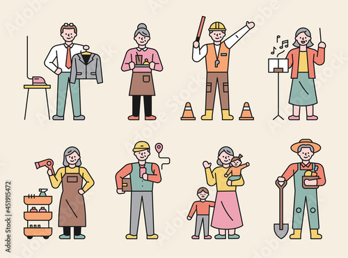 Senior life character. Elderly people in various occupations.