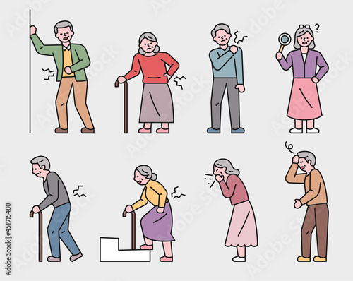 Senior life character. Many pains in the elderly.