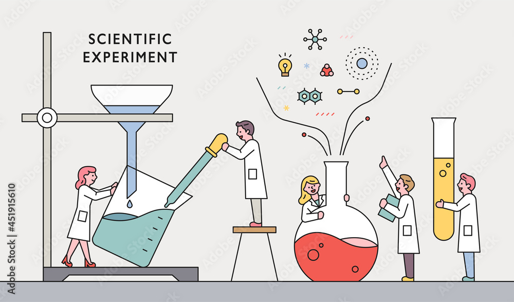 Scientists are experimenting with huge experimental equipment. vector design illustrations. - obrazy, fototapety, plakaty 