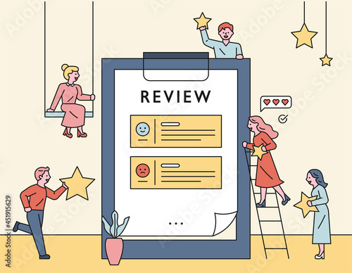 People holding stars around a large review sheet. vector design illustrations.