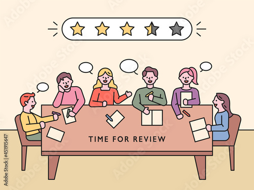 People are sitting around the table and giving ratings. vector design illustrations.