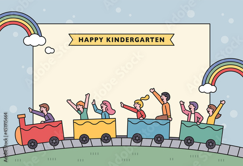 Cute children are riding the train. There is a large white banner in the background. vector design illustrations.