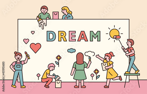 Young students are painting on a large wall. vector design illustrations.