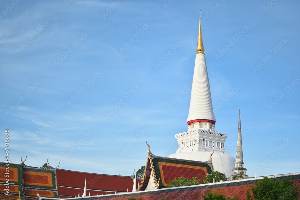 Large white pagoda located at Wat Phra Mahathat temple in Nakhon Si Thammarat Province, THAILAND.