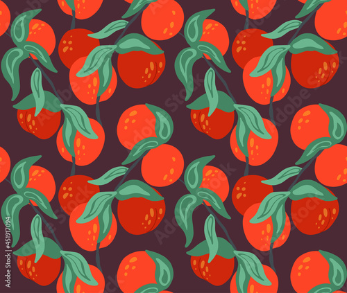 Seamless flat texture with nectarines on branches with foliage on dark background. Cartoon pattern with apricot. Hand drawn wallpaper with fruits. Vector natural fabric with berries with stems.