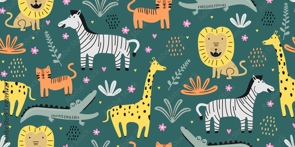 Fototapeta premium Cute animal seamless pattern with jungle drawing. Hand drawn floral animal seamless pattern on the white background. Exotic jungle wallpaper.
