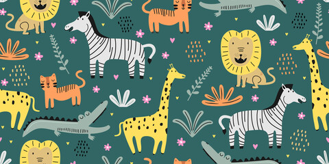 Wandcirkels Kinderkamer patronen Schattige jungledieren tussen tropische bladeren  © ngupakarti
